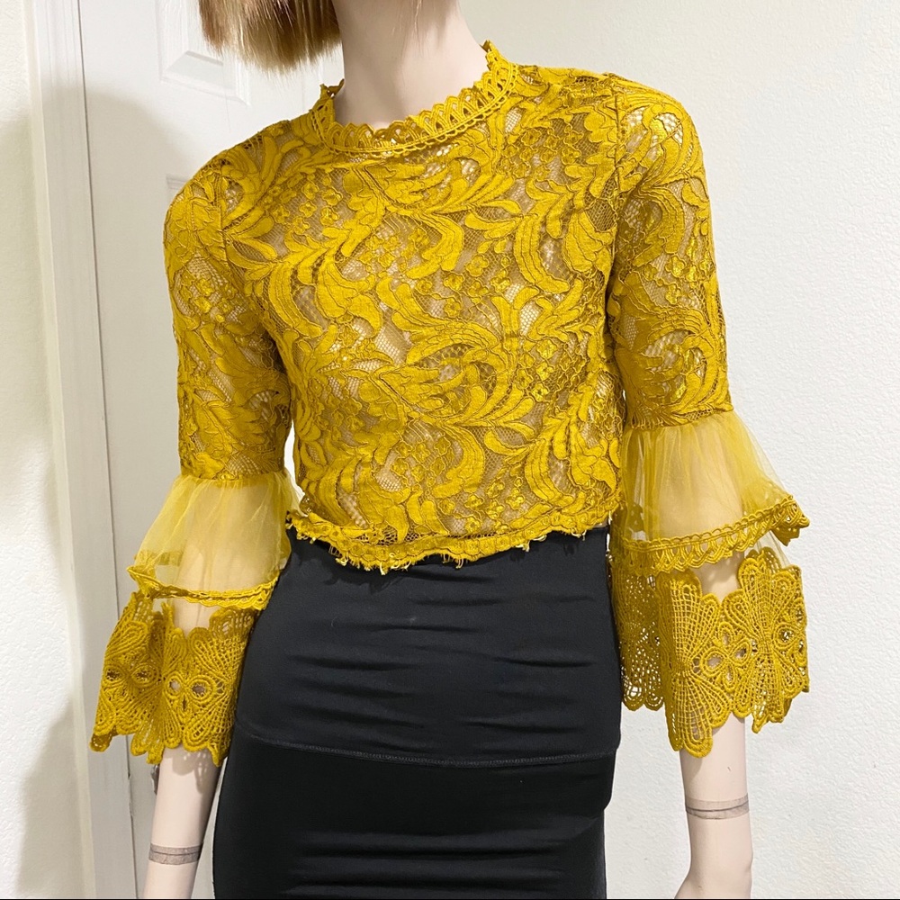 Lovesong Mustard Lace Boho Bell Sleeves Crop Top